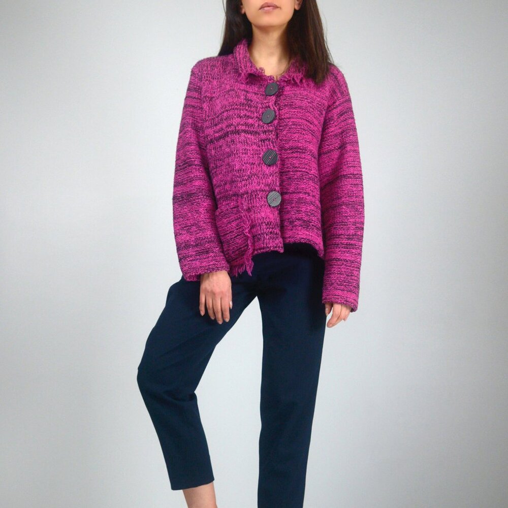 Chunky Knit Pink & Black Fringed Cardigan Sweater with Large Buttons, sz L
